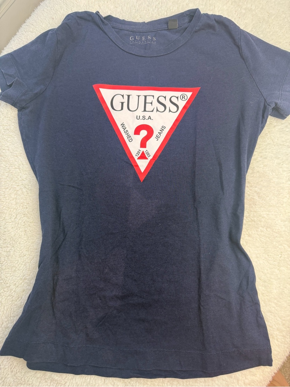 GUESS Navy Short Sleeve Tee with Red & White Triangle Logo